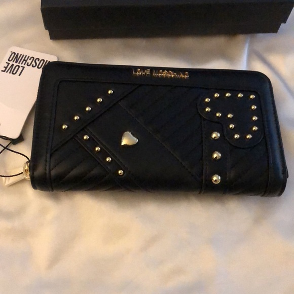 Love Moschino Portafogli Nero Black Faux Leather ZA Wallet Stud Accents NWT/Box - Picture 12 of 15